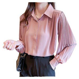 Pink Button Down Chiffon Blouse Pleated Lantern Sleeves Women Size 12